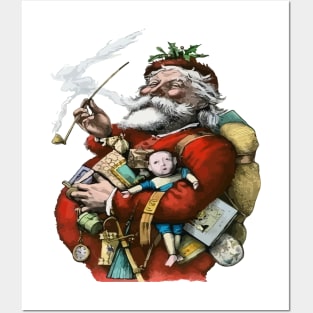 Vintage Style Colored Ink Illustration Of Santa Claus Posters and Art